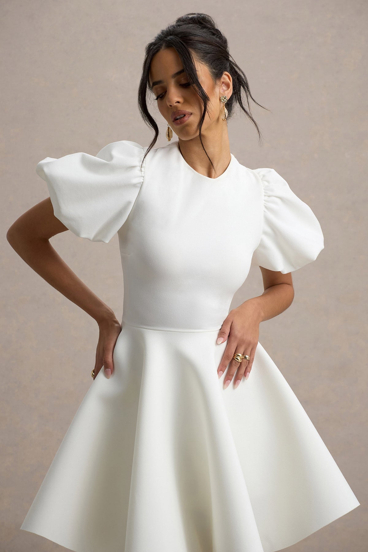 Emelia | Weißes Skater-minikleid mit Puffärmeln