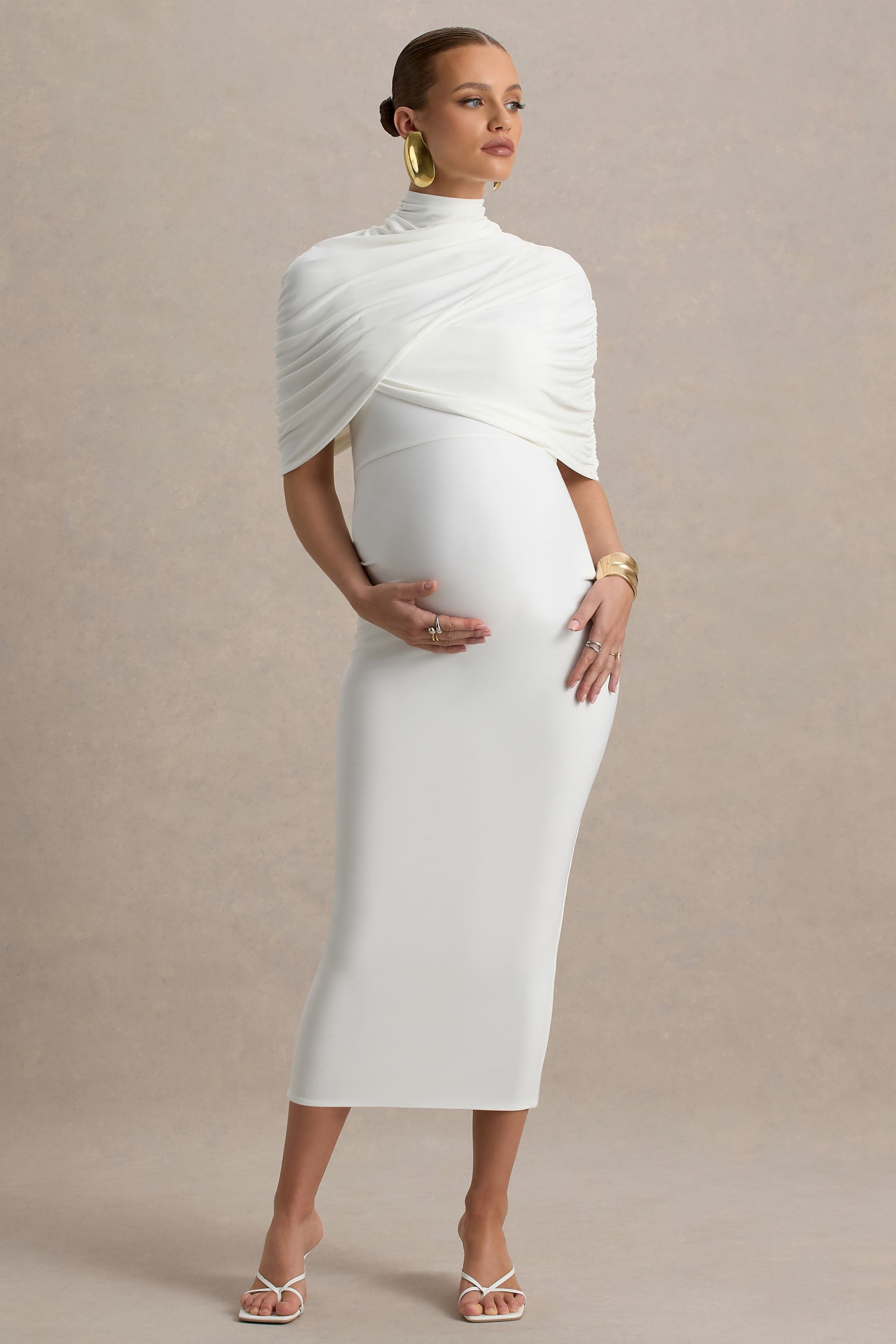 Augustina | Weißes Umstands-Midikleid mit Mesh-Cape