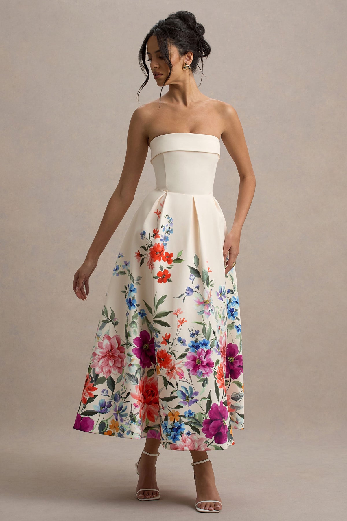 Annalise | Hellrosa Bandeau-Skater-Midikleid mit Blumenmuster