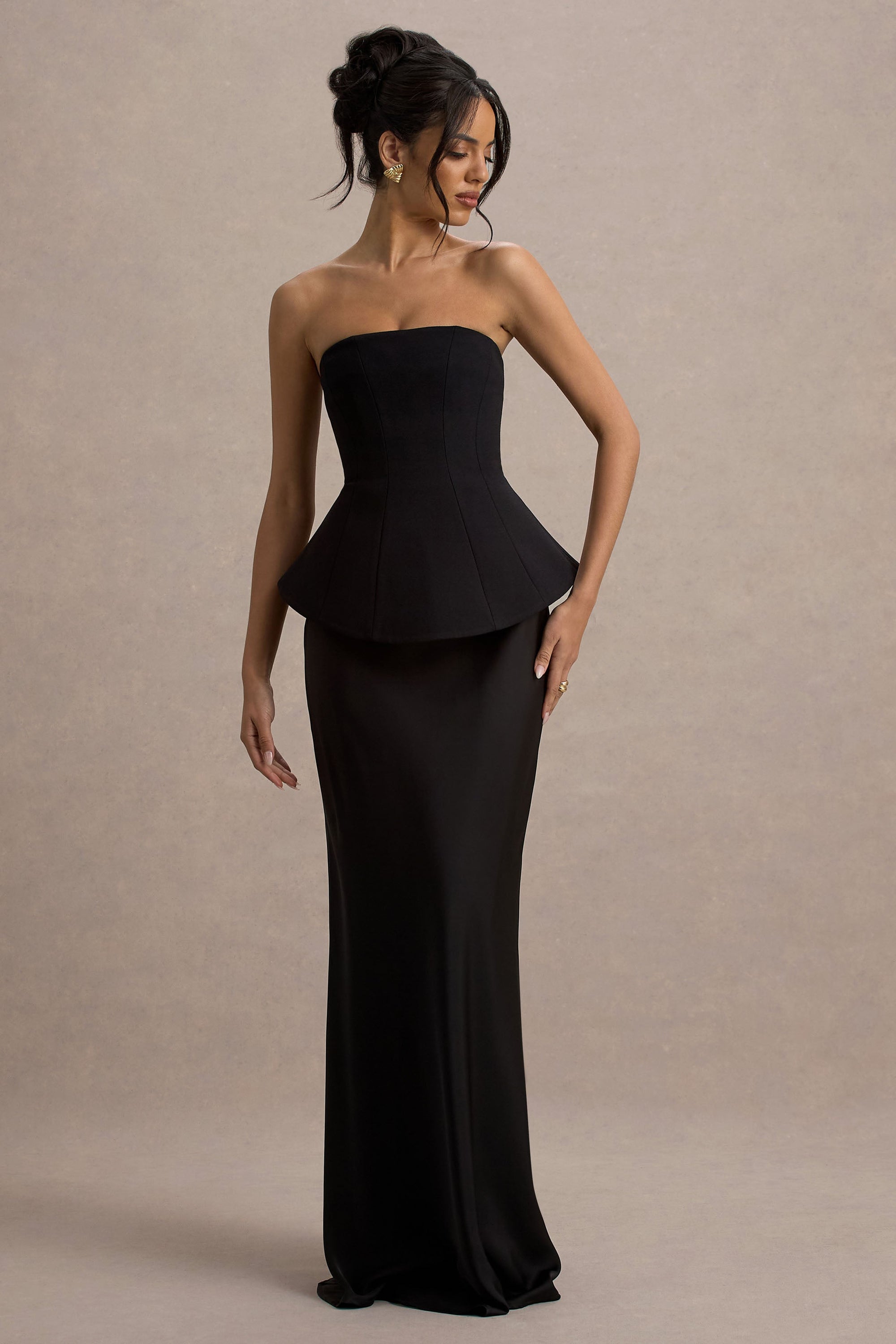 Ohio | Schwarzes schulterfreies Korsett-Maxikleid