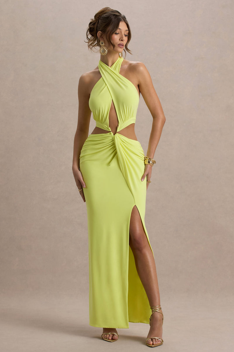 Aura | Limettengrünes Neckholder-Maxikleid mit Cut-Out und Schlitz