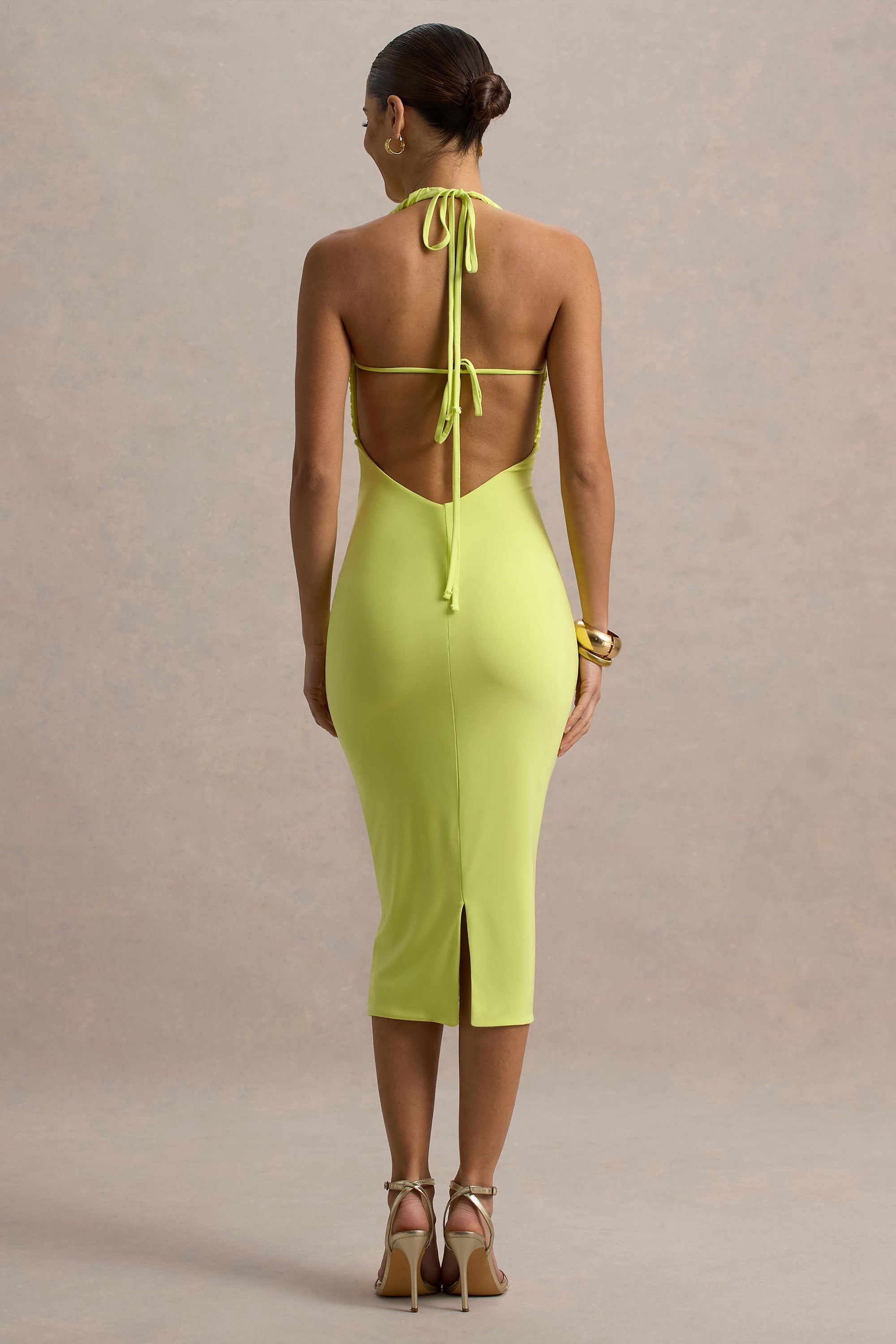 Anaisa | Limettengrünes Midikleid mit tiefem Halter-Ausschnitt