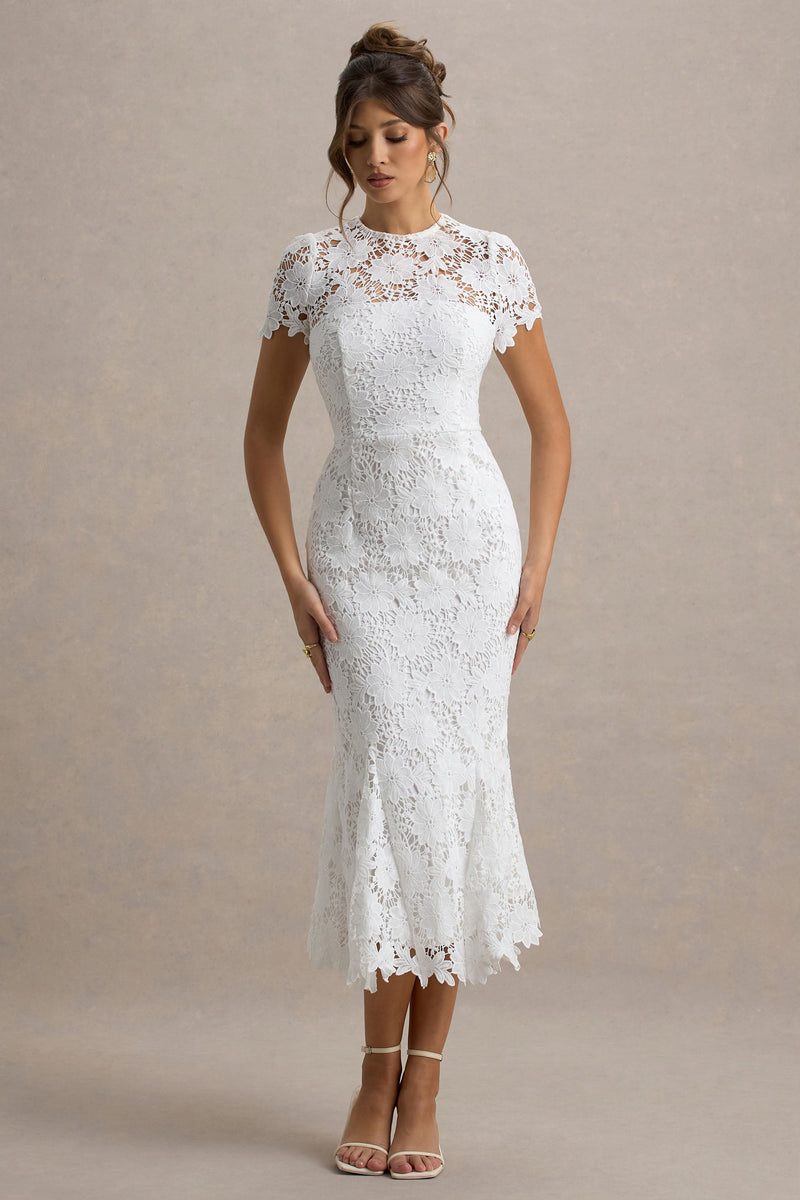 Clarissa | Weißes Midikleid aus Spitze mit kurzen Ärmeln