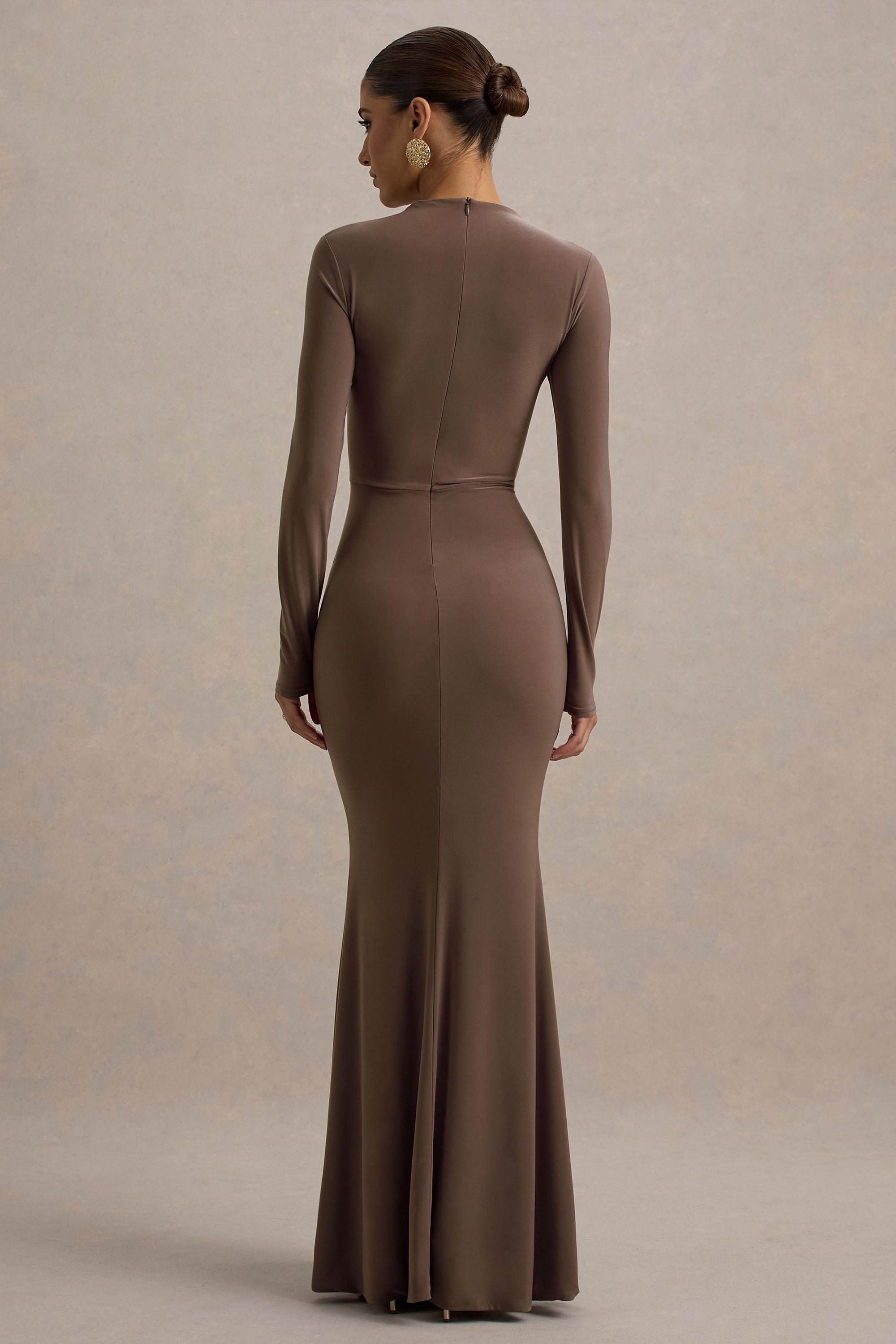Reid | Braunes Maxikleid mit langen Ärmeln und Raffung