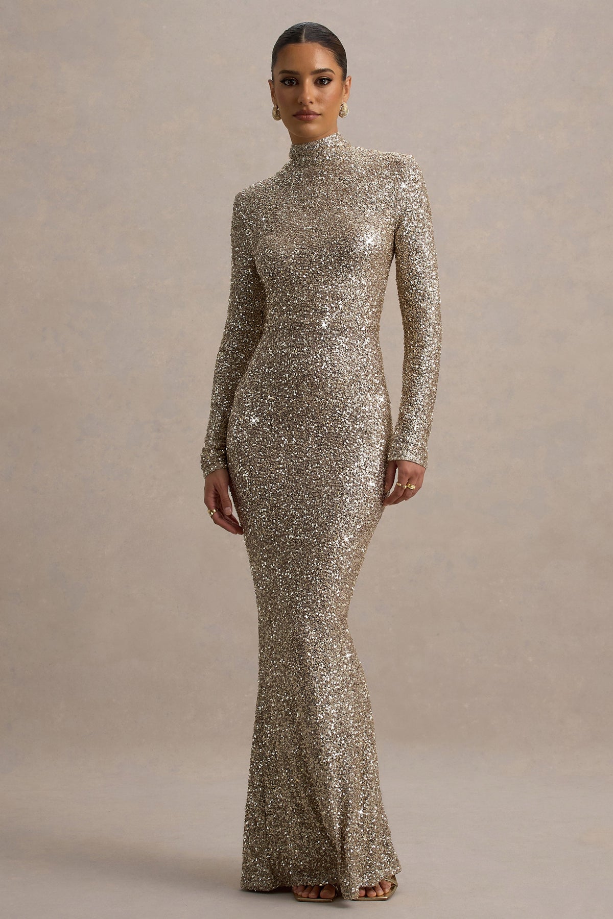 Galaxy | Champagnerfarbenes Paillettentop-Maxikleid mit Turtleneck und langen Ärmeln