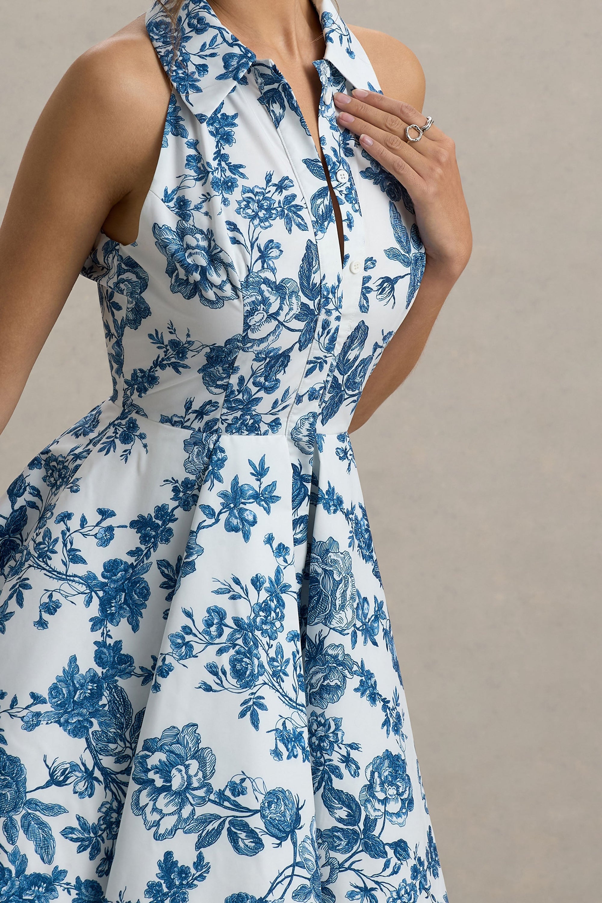Paulie | Blaues Skater Minikleid aus Popeline mit Porzellanprint