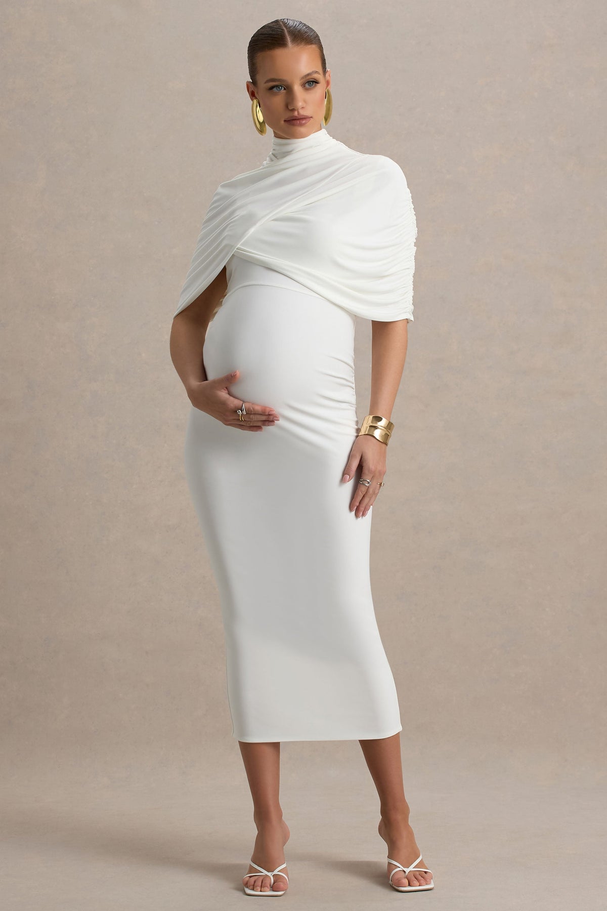 Augustina | Weißes Umstands-Midikleid mit Mesh-Cape