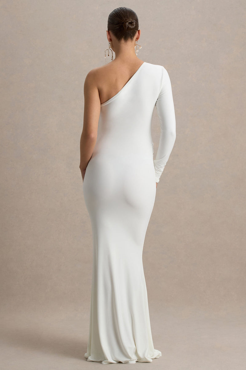 Heloise | Weißes asymmetrisches Umstands-Maxikleid mit einem Ärmel