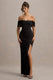 Annie | Schwarzes Satin Bardot Maxikleid mit Wickelrock und Schlitz