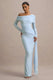 Valina | Puderblaues Maxikleid mit Raffungen, asymmetrischem Schnitt und Drapierung