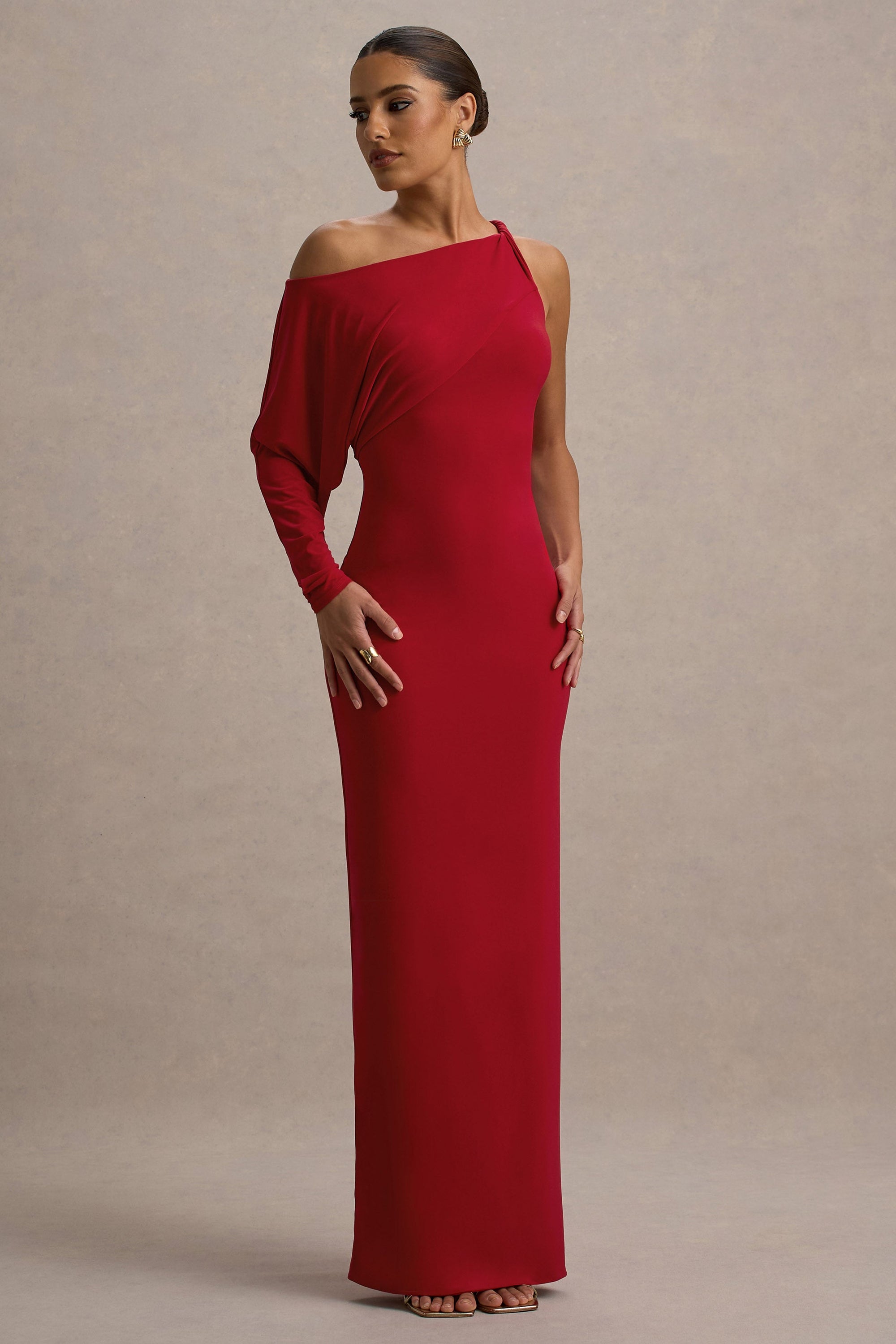 Floria | Rotes, drapiertes Ein-Schulter-Maxikleid
