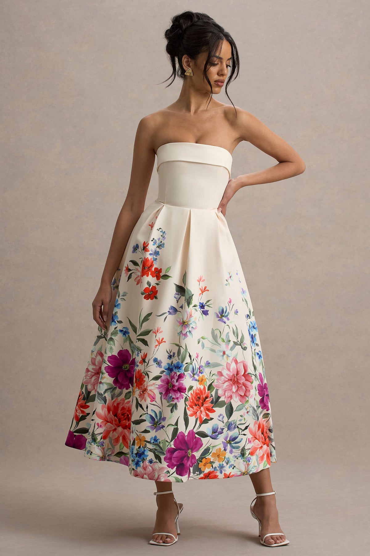 Annalise | Hellrosa Bandeau-Skater-Midikleid mit Blumenmuster