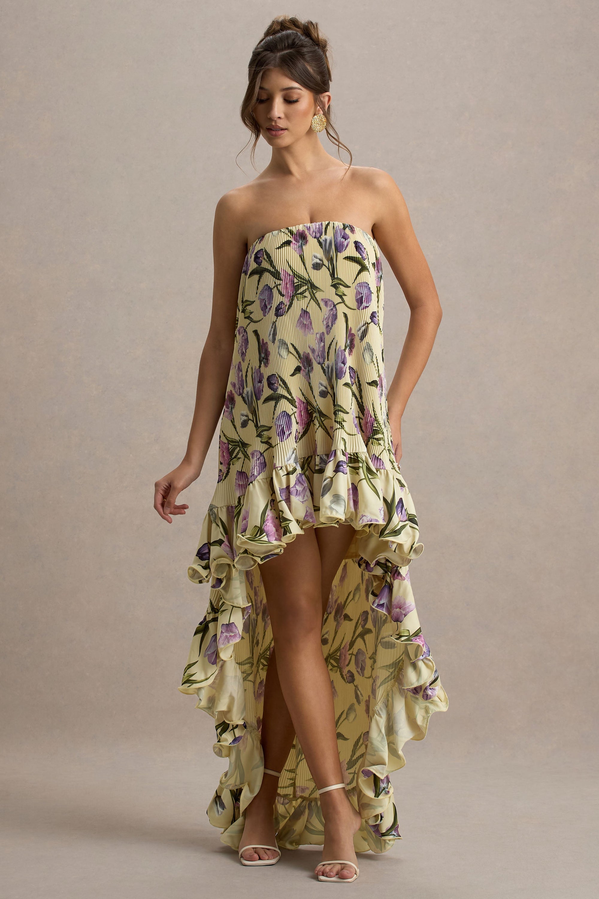 Whistler | Maxikleid aus Chiffon mit Tulpenblumenprint, Bandeau-Ausschnitt, Rüschen und High-Low-Saum