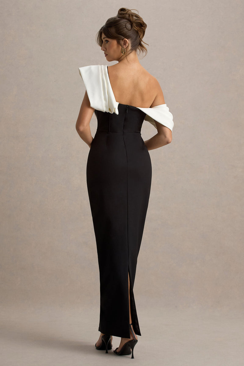 Angelina | Schwarz-Weißes Maxikleid mit drapierter Schulter